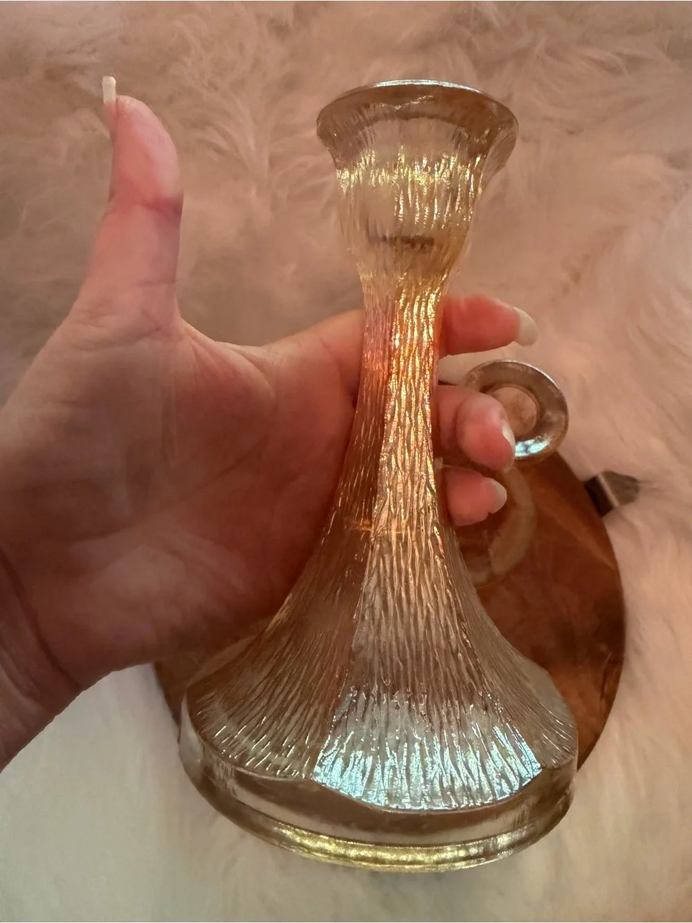 Vintage Jeannette Glass Candlestick Tree Bark Marigold